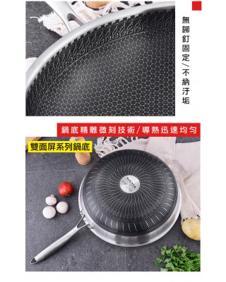 316不鏽鋼雙屏鈦黑蜂窩紋炒鍋32cm/不沾鍋